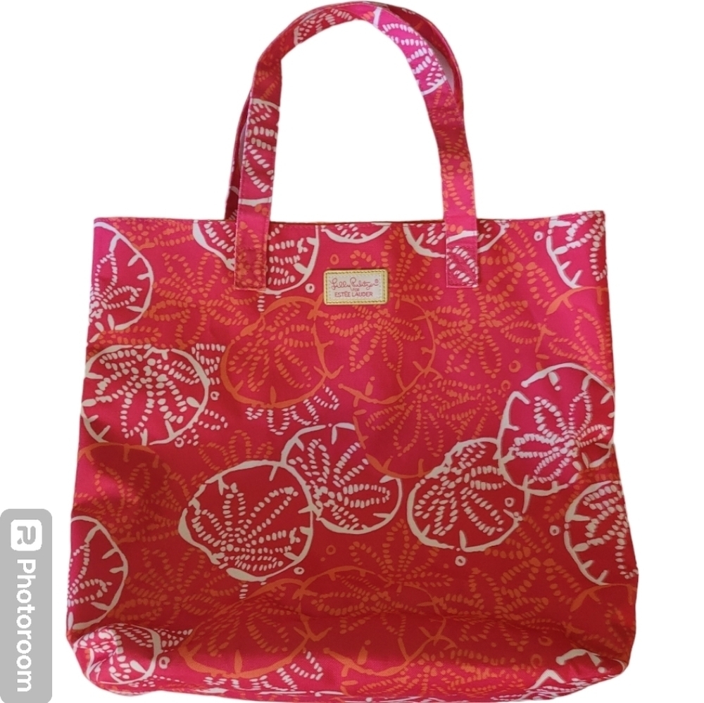 LILLY PULITZER/Estee Lauder, fuschia, orange, & white sandollar print tote. OS